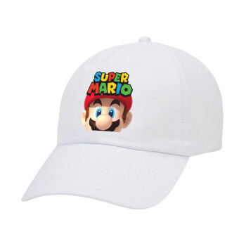 Super mario, Adult Baseball Cap White 5-panel (POLYESTER, ADULT, UNISEX, ONE SIZE)