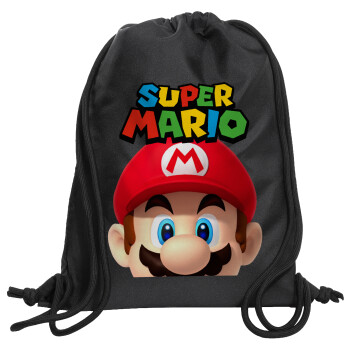 Super mario, Τσάντα πλάτης πουγκί GYMBAG Μαύρη, με τσέπη (40x48cm) & χονδρά κορδόνια