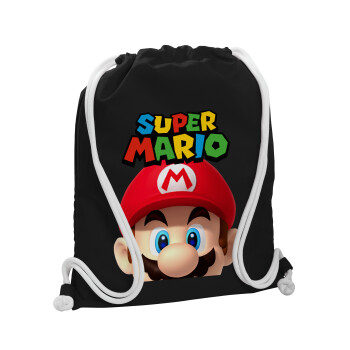 Super mario, Τσάντα πλάτης πουγκί GYMBAG Μαύρη, με τσέπη (40x48cm) & χονδρά λευκά κορδόνια