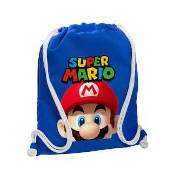 Super mario, Τσάντα πλάτης πουγκί GYMBAG Μπλε, με τσέπη (40x48cm) & χονδρά κορδόνια