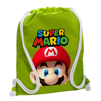 Super mario, Backpack bag GYMBAG LIME GREEN, with pocket (40x48cm) & thick cords