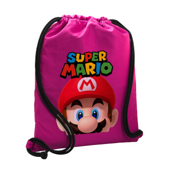 Super mario, Τσάντα πλάτης πουγκί GYMBAG Φούξια, με τσέπη (40x48cm) & χονδρά κορδόνια