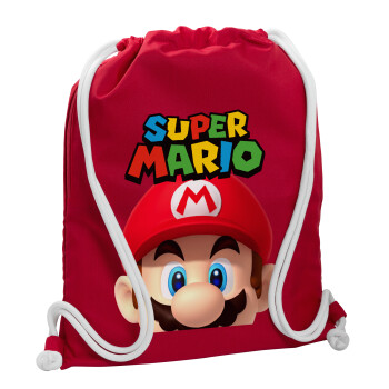 Super mario, Τσάντα πλάτης πουγκί GYMBAG Κόκκινη, με τσέπη (40x48cm) & χονδρά κορδόνια