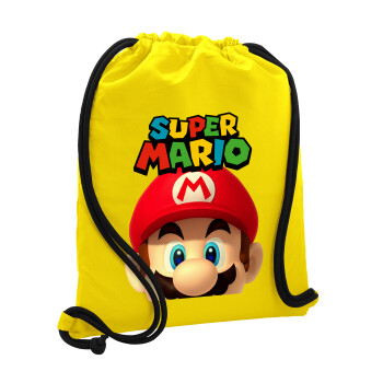 Super mario, Τσάντα πλάτης πουγκί GYMBAG Κίτρινη, με τσέπη (40x48cm) & χονδρά κορδόνια