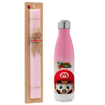 Super mario, Easter Set, Metallic pink/white (Stainless steel) thermos, double-walled, 500ml & aromatic flat Easter candle (30cm) (PINK)