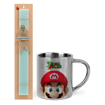 Super mario, Πασχαλινό Σετ, μεταλλική κούπα θερμό (300ml) & πασχαλινή λαμπάδα αρωματική πλακέ (30cm) (ΤΙΡΚΟΥΑΖ)