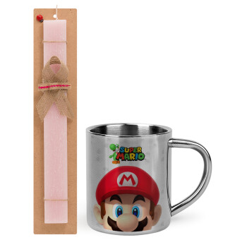 Super mario, Πασχαλινό Σετ, μεταλλική κούπα θερμό (300ml) & πασχαλινή λαμπάδα αρωματική πλακέ (30cm) (ΡΟΖ)