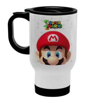 Super mario, Stainless steel travel mug with lid, double wall white 450ml