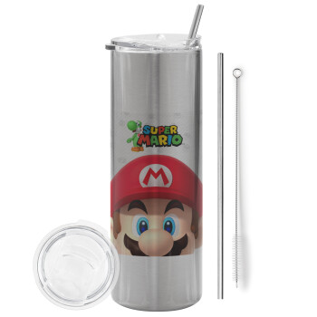 Super mario, Eco friendly ποτήρι θερμό Ασημένιο (tumbler) από ανοξείδωτο ατσάλι 600ml, με μεταλλικό καλαμάκι & βούρτσα καθαρισμού