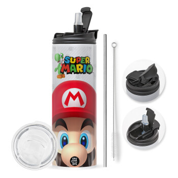 Super mario, Travel Tumbler θερμό με διπλό καπάκι, μεταλλικό καλαμάκι και βούρτσα καθαρισμού (Ανωξείδωτο 304 Food grade, BPA free, 600ml)