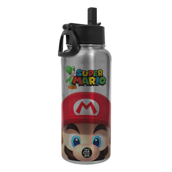 Super mario, Metal mug thermo Silver with Straw and Spout Lid (Stainless steel), double wall, 950ml