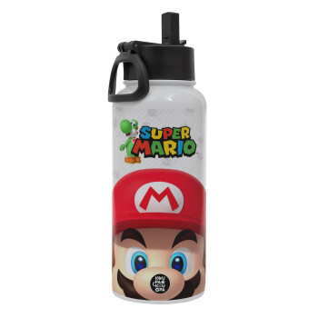 Super mario, Metal mug thermo White with Straw and Spout Lid (Stainless steel), double wall, 950ml