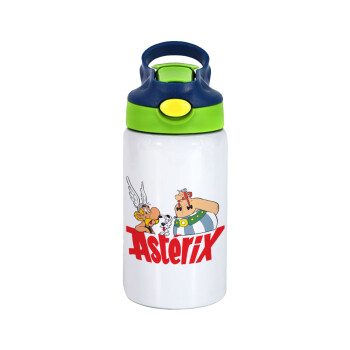 Asterix and Obelix, Children's hot water bottle, stainless steel, with safety straw, green, blue (350ml)