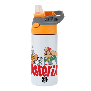 Asterix and Obelix, Children's hot water bottle, stainless steel, with safety straw, Orange/Grey (360ml) BPA-FREE