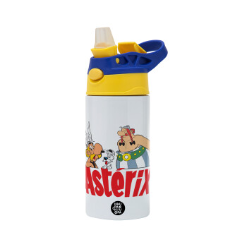 Asterix and Obelix, Children's hot water bottle, stainless steel, with safety straw, green, blue (360ml) BPA FREE