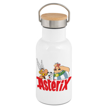 Asterix and Obelix, Μεταλλικό παγούρι θερμός (Stainless steel) Λευκό με ξύλινο καπακι (bamboo), διπλού τοιχώματος, 350ml