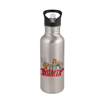 Asterix and Obelix, Water bottle Silver with straw, stainless steel 600ml