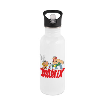 Asterix and Obelix, White water bottle with straw, stainless steel 600ml