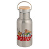 Stainless steel metallic thermos flask, silver with a bamboo lid, double-walled, 350ml.