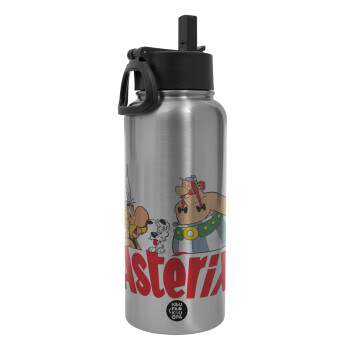 Asterix and Obelix, Metal mug thermo Silver with Straw and Spout Lid (Stainless steel), double wall, 950ml