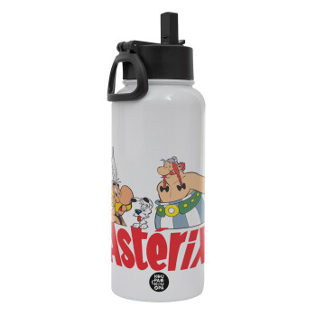 Asterix and Obelix, Metal mug thermo White with Straw and Spout Lid (Stainless steel), double wall, 950ml