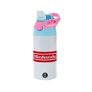 Nintendo, Children's hot water bottle, stainless steel, with safety straw, Pink/BlueCiel (360ml) BPA FREE