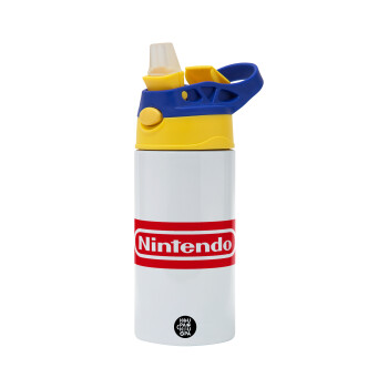 Nintendo, Children's hot water bottle, stainless steel, with safety straw, green, blue (360ml) BPA FREE