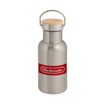 Nintendo, Stainless steel metallic thermos flask, silver with a bamboo lid, double-walled, 350ml.