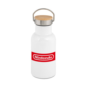 Nintendo, Μεταλλικό παγούρι θερμός (Stainless steel) Λευκό με ξύλινο καπακι (bamboo), διπλού τοιχώματος, 350ml