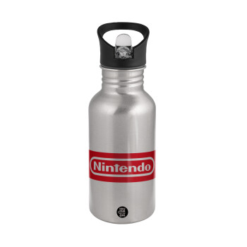 Nintendo, Water bottle Silver with straw, stainless steel 500ml
