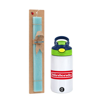 Nintendo, Πασχαλινό Σετ, Παιδικό παγούρι θερμό, ανοξείδωτο, με καλαμάκι ασφαλείας, πράσινο/μπλε (350ml) & πασχαλινή λαμπάδα αρωματική πλακέ (30cm) (ΤΙΡΚΟΥΑΖ)