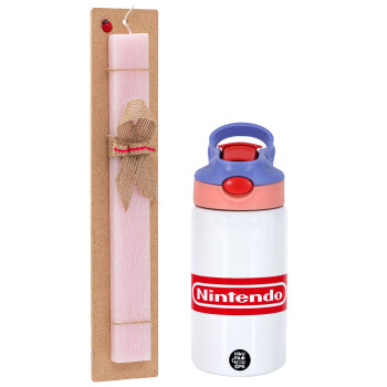 Nintendo, Πασχαλινό Σετ, Παιδικό παγούρι θερμό, ανοξείδωτο, με καλαμάκι ασφαλείας, ροζ/μωβ (350ml) & πασχαλινή λαμπάδα αρωματική πλακέ (30cm) (ΡΟΖ)