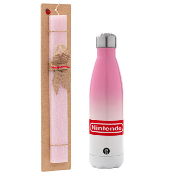 Nintendo, Easter Set, Metallic pink/white (Stainless steel) thermos, double-walled, 500ml & aromatic flat Easter candle (30cm) (PINK)