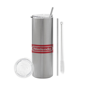 Nintendo, Eco friendly stainless steel Silver tumbler 600ml, with metal straw & cleaning brush