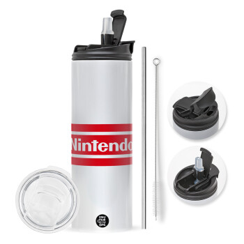 Nintendo, Travel Tumbler 2 Lids, with metal straw & cleaning brush (Stainless steel 304 Food grade, BPA free, 600ml)