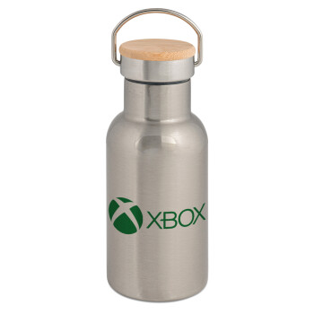 xbox, Stainless steel metallic thermos flask, silver with a bamboo lid, double-walled, 350ml.