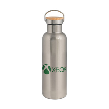 xbox, Μεταλλικό παγούρι θερμός (Stainless steel) Ασημένιο με ξύλινο καπακι (bamboo), διπλού τοιχώματος, 750ml