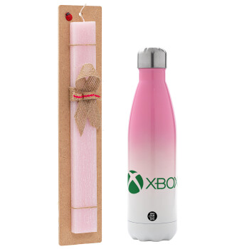 xbox, Easter Set, Metallic pink/white (Stainless steel) thermos, double-walled, 500ml & aromatic flat Easter candle (30cm) (PINK)