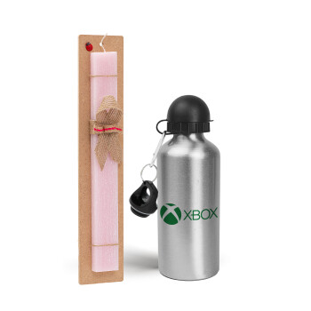 xbox, Easter Set, metallic Silver aluminum water bottle (500ml) & scented flat Easter candle (30cm) (PINK)