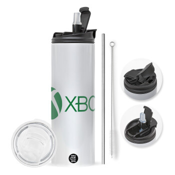 xbox, Travel Tumbler θερμό με διπλό καπάκι, μεταλλικό καλαμάκι και βούρτσα καθαρισμού (Ανωξείδωτο 304 Food grade, BPA free, 600ml)