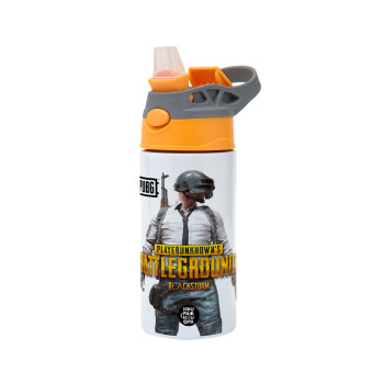 PUBG battleground royale, Children's hot water bottle, stainless steel, with safety straw, Orange/Grey (360ml) BPA-FREE