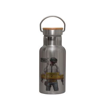 PUBG battleground royale, Stainless steel metallic thermos flask, silver with a bamboo lid, double-walled, 350ml.