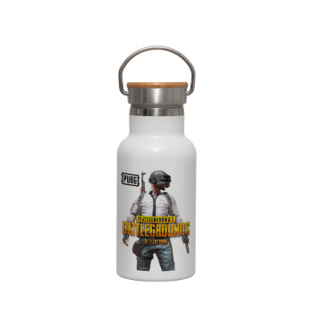 PUBG battleground royale, Μεταλλικό παγούρι θερμός (Stainless steel) Λευκό με ξύλινο καπακι (bamboo), διπλού τοιχώματος, 350ml