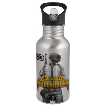 PUBG battleground royale, Water bottle Silver with straw, stainless steel 500ml