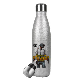 PUBG battleground royale, Μεταλλικό παγούρι θερμός Glitter Aσημένιο (Stainless steel), διπλού τοιχώματος, 500ml