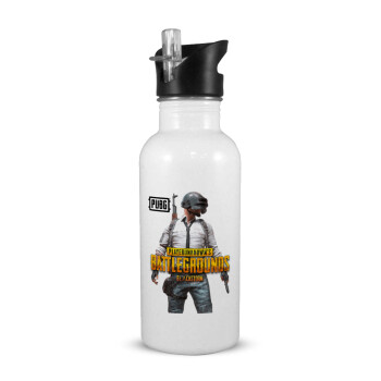 PUBG battleground royale, White water bottle with straw, stainless steel 600ml