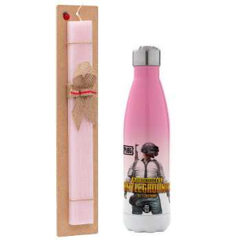 PUBG battleground royale, Easter Set, Metallic pink/white (Stainless steel) thermos, double-walled, 500ml & aromatic flat Easter candle (30cm) (PINK)