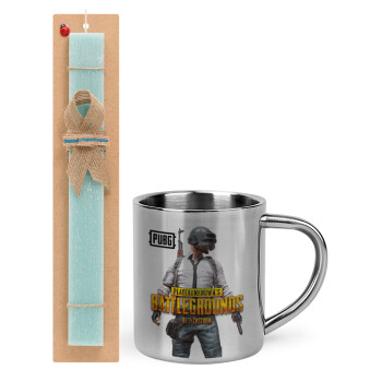 PUBG battleground royale, Easter Set, metallic thermal cup (300ml) & aromatic flat Easter candle (30cm) (TURQUOISE)