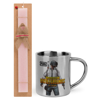 PUBG battleground royale, Πασχαλινό Σετ, μεταλλική κούπα θερμό (300ml) & πασχαλινή λαμπάδα αρωματική πλακέ (30cm) (ΡΟΖ)