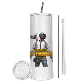 PUBG battleground royale, Tumbler ποτήρι θερμό από ανοξείδωτο ατσάλι 600ml, με μεταλλικό καλαμάκι & βούρτσα καθαρισμού